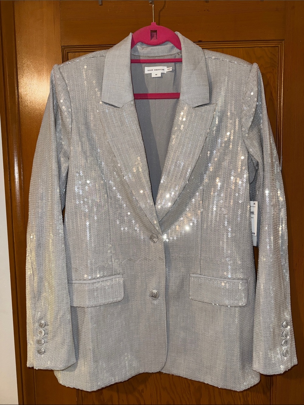 Good American Silver Sequin Blazer Jacket